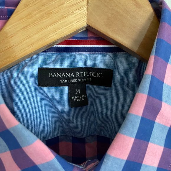 Banana Republic Men’s Button Up Shirt Medium Tailored Slim Fit Plaid Pink Blue - Picture 3 of 6